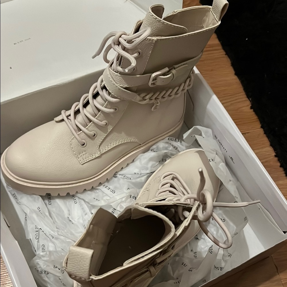 GUESS Women's Cream Lace-Up Boots